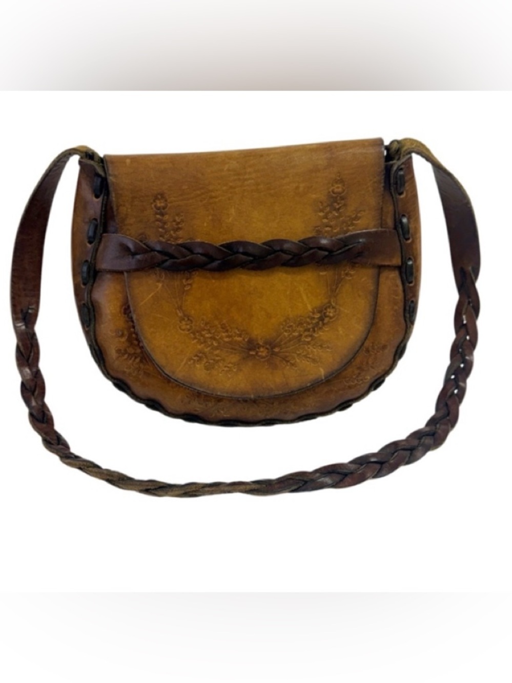 LEATHER Floral Embossed Shoulder Bag, Front Flap, Braided Strap
